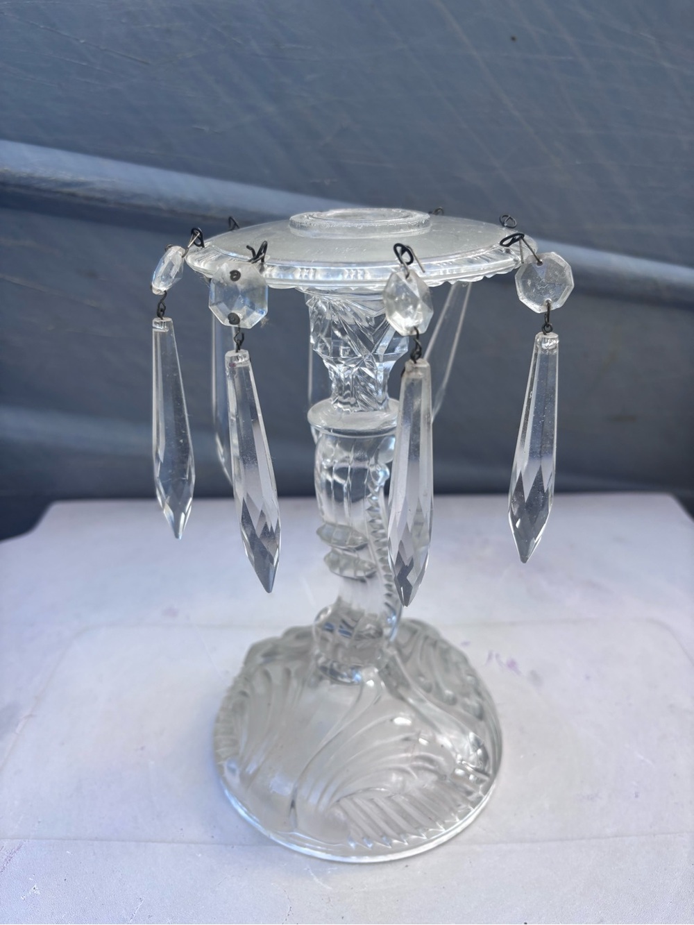 Vintage Clear Crystal-Style Decorative Candle Holder with Hanging Prisms